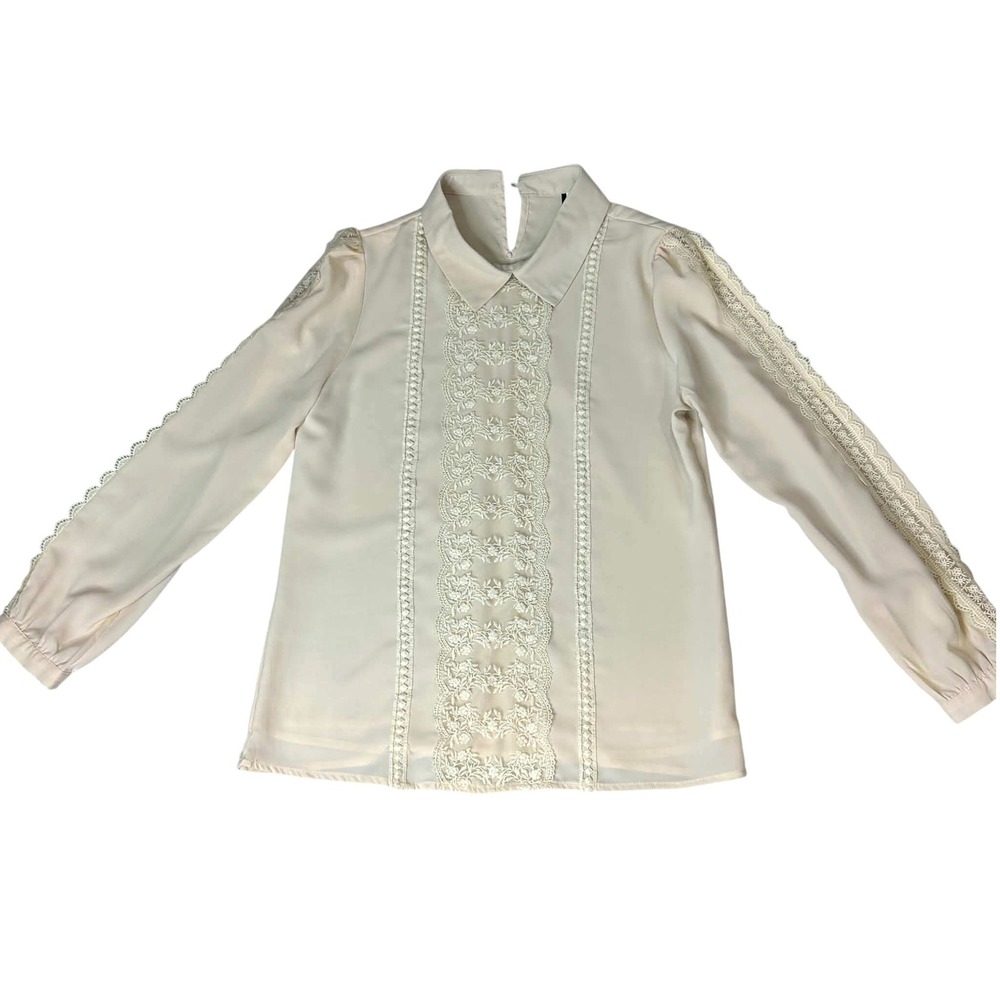 Onyou Cream Floral Lace Trim Long Sleeve Blouse Top Large